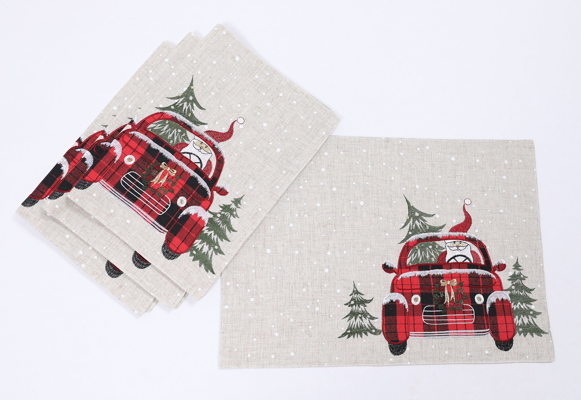 Santa Claus riding on a plaid car with a snowy background, featured on a Christmas placemat.